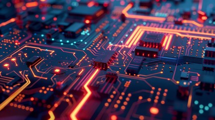 Close-up view of an illuminated circuit board - Detailed close-up of a glowing circuit board with technology components and pathways