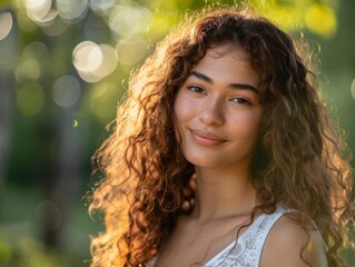 Curly-Haired Woman in Sunlight. Generative AI.