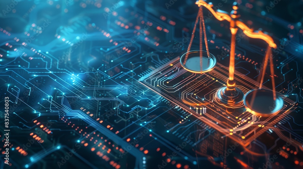 Aufkleber scales of justice on a circuit board design - conceptual image with scales of justice on a circuit b