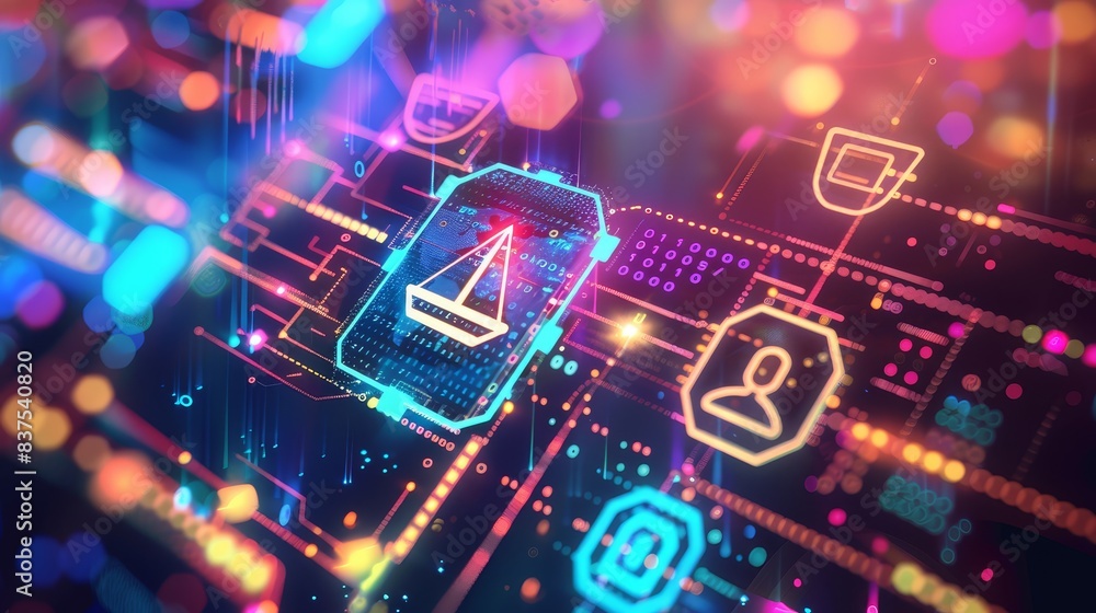 Poster abstract cyber security concept on motherboard - detailed image of a cyber shield icon on a motherbo