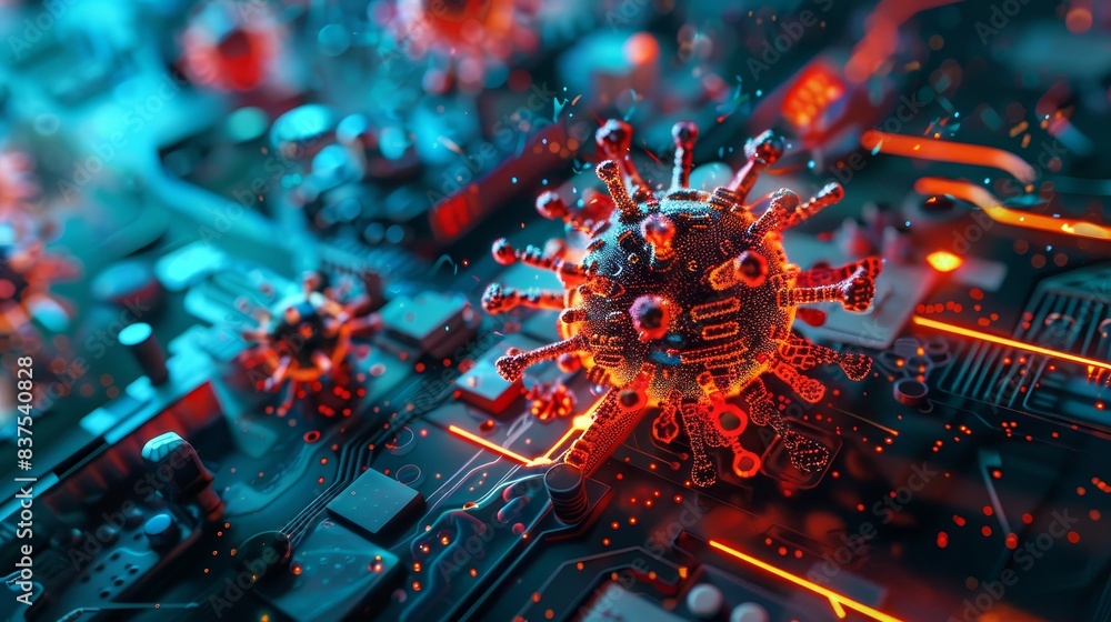 Poster digital representation of virus on circuit board - artistic depiction of a pathogen-inspired virus s