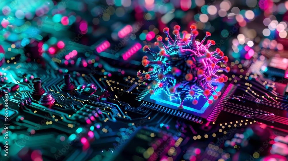 Poster virus attacking computer systems concept art - a representation of a virus on a circuit board, illus