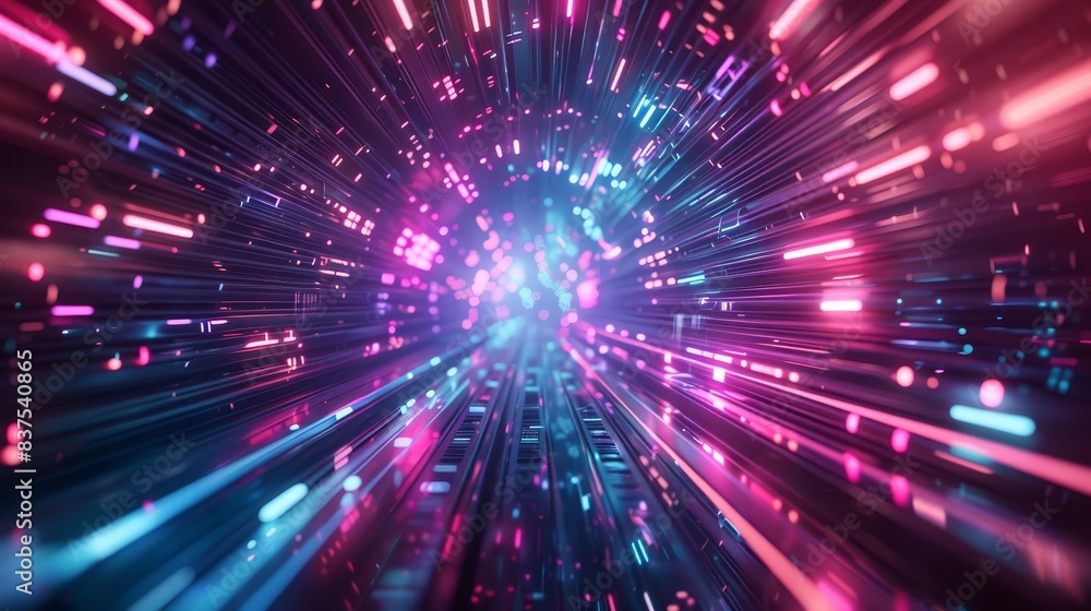 Poster vibrant neon lines in dark space - dynamic image featuring bright neon lines converging in the cente