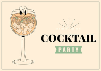 Groovy character limoncello spritz. Retro banner and label with popular alcoholic beverage. Cafe bar or cocktail lounge logo and sign. Retro vector illustration 70s, 80s style