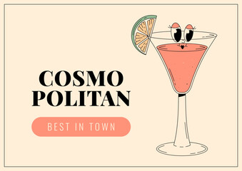 Groovy character cosmopolitan. Retro banner and label with popular alcoholic beverage. Cafe bar or cocktail lounge logo and sign. Retro vector illustration 70s, 80s style