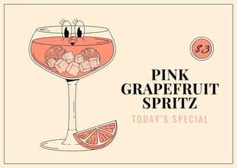 Groovy character pink grapefruit spritz. Retro banner and label with popular alcoholic beverage. Cafe bar or cocktail lounge logo and sign. Retro vector illustration 70s, 80s style