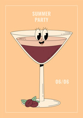 Groovy character Tini espresso martini. Retro poster summer party with popular alcoholic beverage. Cafe bar or cocktail lounge flyer. Vector illustration