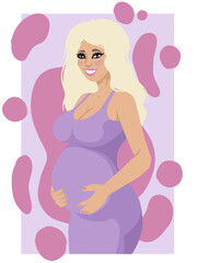 Pregnant woman hugging bell, happy future mom. Vector art in minimalist style, flat illustration. 