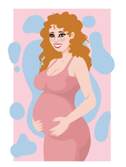 Pregnant woman hugging bell, happy future mom. Vector art in minimalist style, flat illustration. 