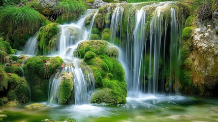 Landscape background of sparkling crystal-clear waterfalls cascading down moss-covered rocks