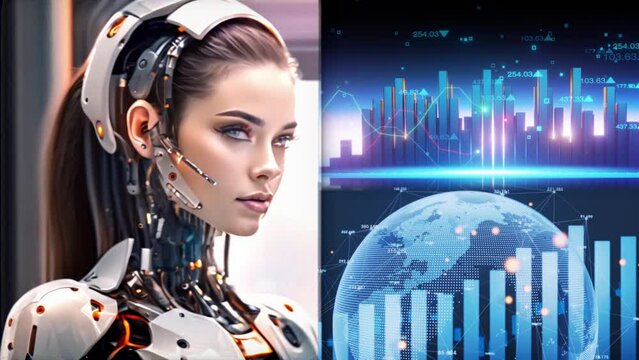 Ciborg, robot, con inteligencia artificial, rosto de mujer muy bella, analizando datos globales, observa el crecimiento de la IA a nivel mundial, y la cantidad de humanos utilizando esta tecnolog&iacute;a. 