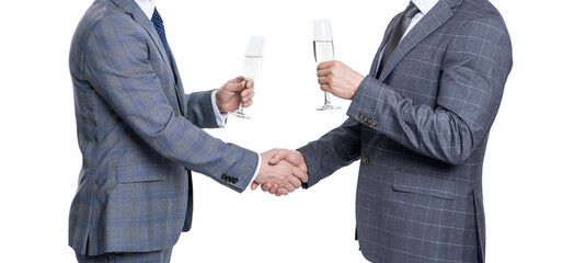 businessmen dealing isolated on white. partnership concept. celebrate business deal. businessmen handshaking after contract deal with champagne. successful agreement in business deal. cropped view