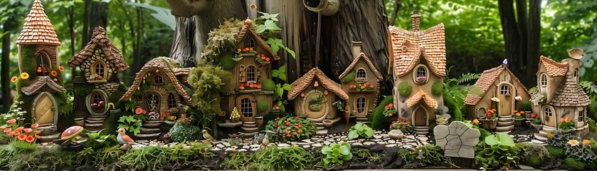 Obraz premium a whimsical forest scene featuring a small house with a brown roof, adorned with a green clock and surrounded by a variety of colorful flowers, including orange, red, and