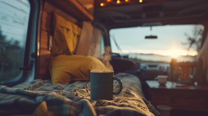 Cozy campervan scene with a steaming cup of coffee embodying the slow life and the serene essence of van living