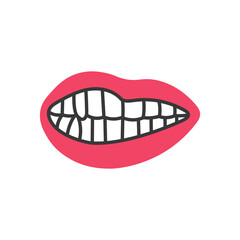 Obraz premium Grin mouth expression. Red lips showing white teeth fangs. Aggression anger sign. Negative emotion symbol. Hand drawn flat style. Vector illustration