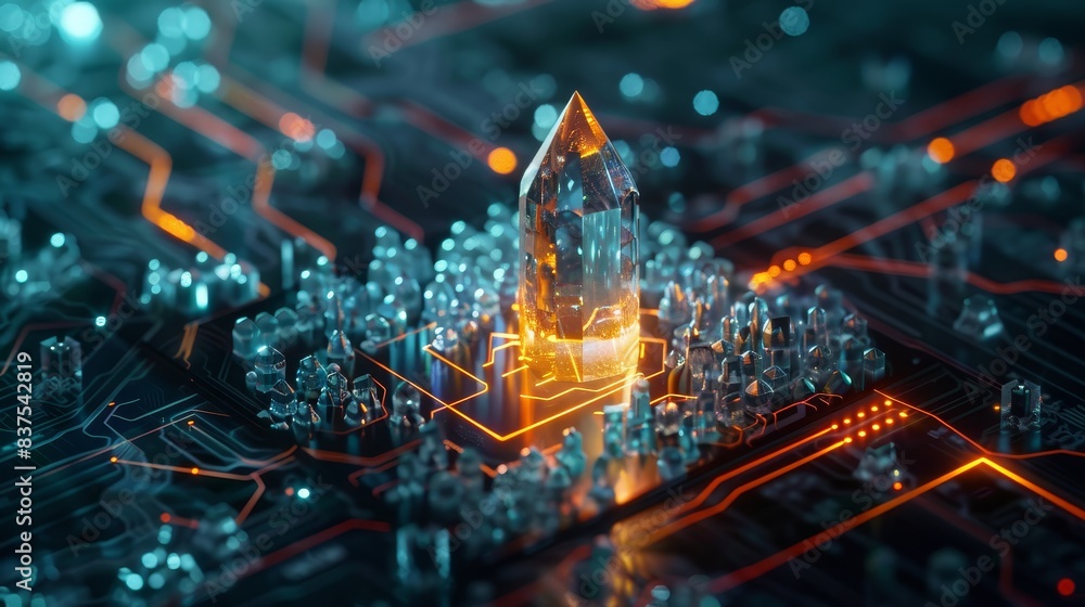 Poster radiant crystal on a glowing circuit board - close-up of a shining crystal mounted on a circuit boar