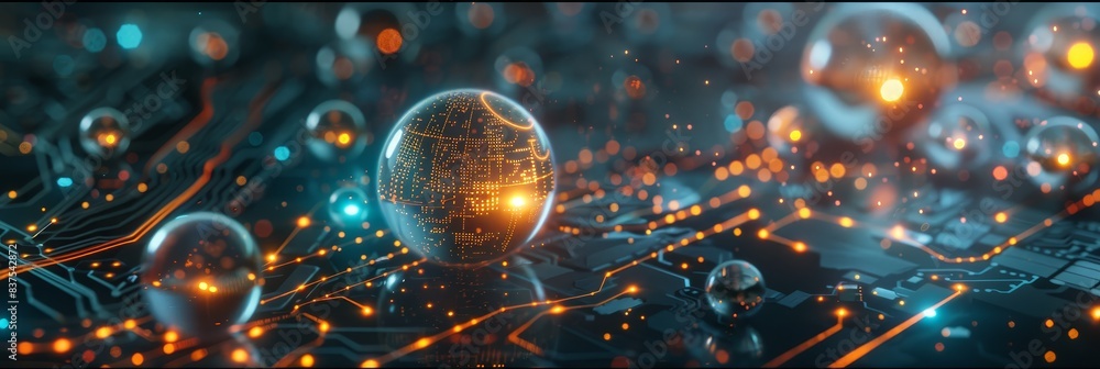 Poster digital globe on a futuristic circuit board - detailed globe on a digital circuit board surrounded b