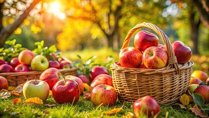 Vibrant image of freshly picked apples in a natural setting , nature, simplicity, beauty, fruit, orchard, harvest, autumn, farm, organic, juicy, red, green, ripe, healthy, agriculture, food