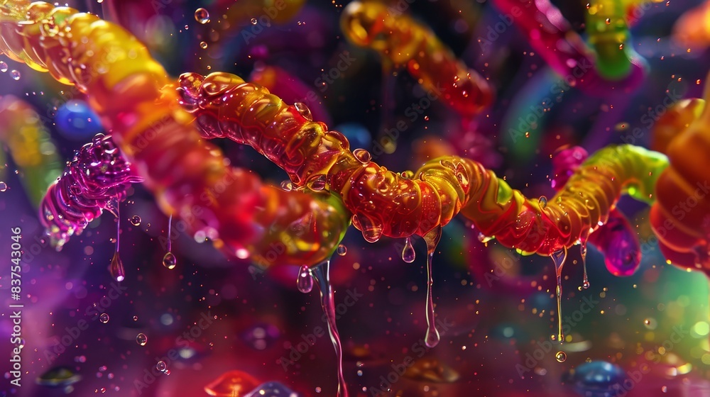 Poster spiraling strings in vivid colors and droplets - abstract swirling strings are presented in a close-