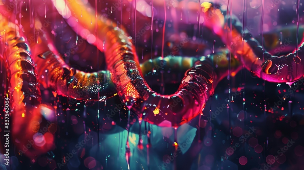 Poster close view of vibrant twisted strings and water - a detailed close-up of vibrantly colored twisted s