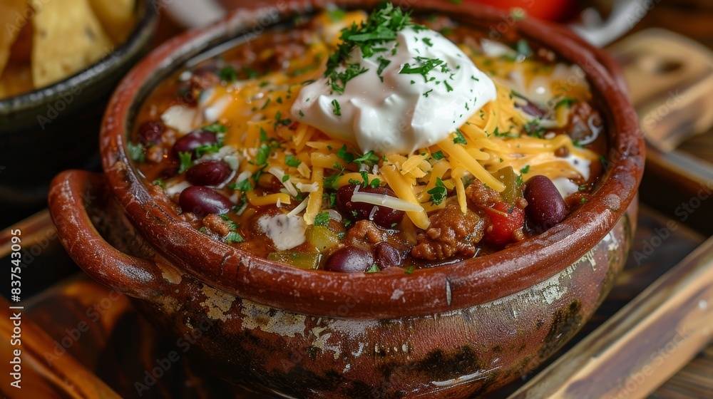 Wall mural rustic earthenware bowl filled with hearty chili, topped with cheese and sour cream generated by ai - Wall murals