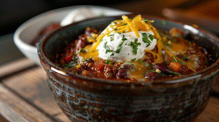 Rustic earthenware bowl filled with hearty chili, topped with cheese and sour cream generated by AI