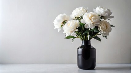Minimalist matte black vase with white peonies bouquet on a white background , black, vase, minimalist, matte, white, peonies, bouquet, flowers, decoration, stylish, modern, elegant