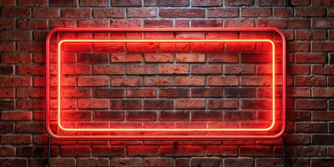 Red neon signboard glowing on a rustic brick wall , neon, signboard, red, glowing, brick, wall, vintage, retro, urban, background, night, illuminated, storefront, facade, exterior, dark