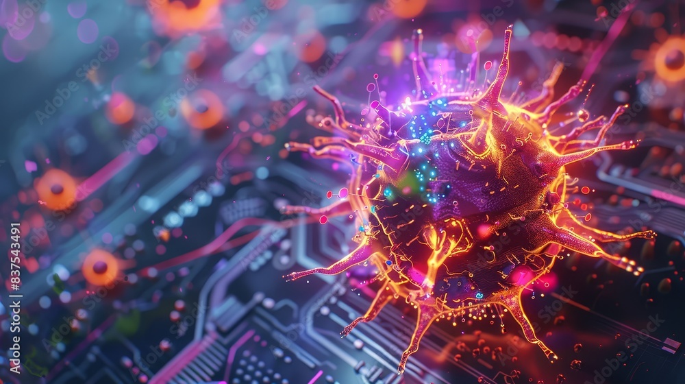 Poster digital virus particle on electronic circuit board - a digital representation of a virus particle su
