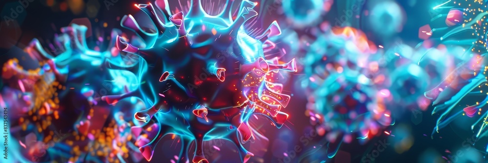 Poster colorful virus particles in microscopic close-up - a dynamic 3d illustration of multiple virus parti