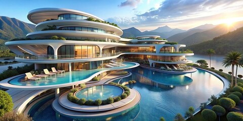 A futuristic luxury resort hotel with a stunning swimming pool , modern, upscale, contemporary, architecture, design, pool, water, relaxation, vacation, destination, elegant, luxurious