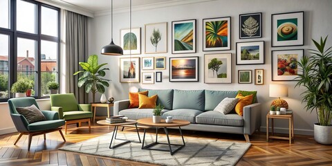 Modern living room with a stylish art wall featuring a variety of framed paintings and prints , wall art, mockup, living room, modern, contemporary, interior design, decoration, stylish
