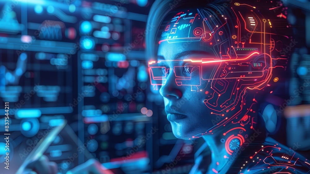 Poster cybernetic human profile with interface elements - digital artwork of a human profile with cyberneti