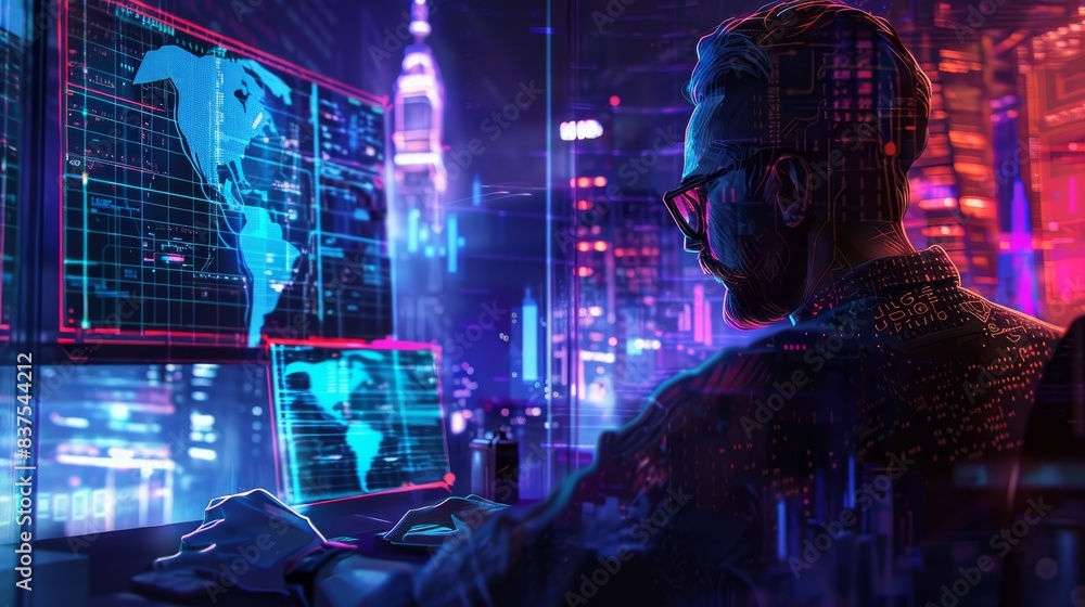 Poster cybersecurity expert in digital environment - an illustrated man observes cyberspace screens depicti