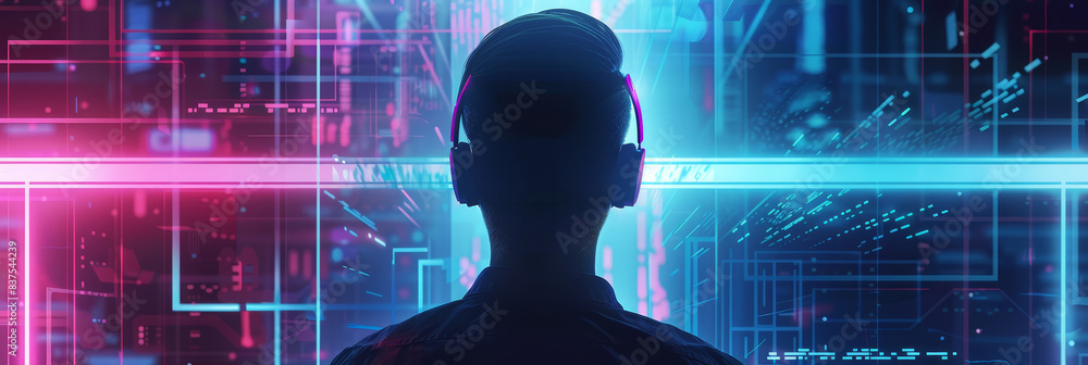 Poster silhouette against futuristic data screen - back view of a person's silhouette looking at abstract d