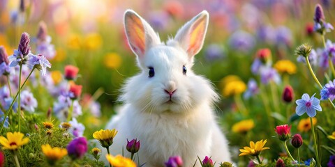 Close-up of a white rabbit with soft, fluffy fur sitting in a field of colorful wildflowers - Powered by Adobe