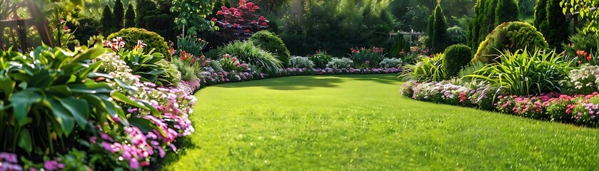 Fototapeta premium a lush green lawn adorned with a variety of colorful flowers, including purple, pink, and white blooms, set against a backdrop of lush green grass