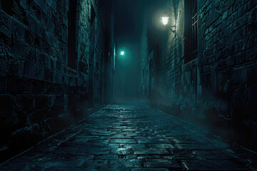 Dark, mysterious alley with dim street lights, urban night theme