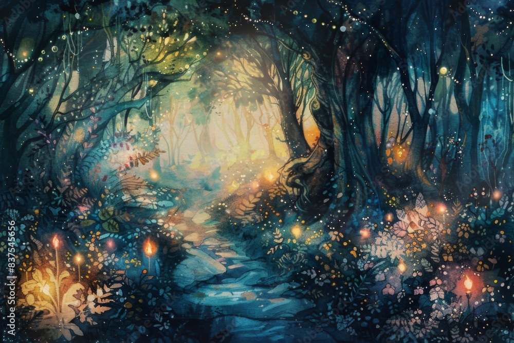 Wall mural a painting of a forest with a path leading through it - Wall murals