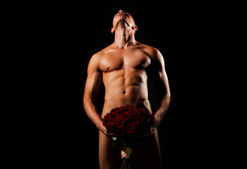 Sexy valentine. Male sex. Gay with a naked nude torso and roses bouquet hiding penis. Sexy muscle...