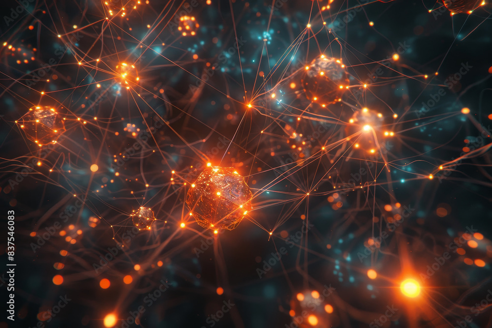 Poster a computer generated image of a network of orange and blue spheres