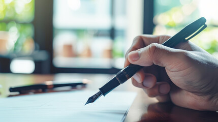 Focused Hand Writing with Pen on Office Desk with Documents and Accessories