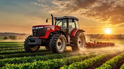 Fototapeta premium irrigation tractor driving spraying or harvesting an agricultural crop at sunset with information infographic data datum as banner design for agriculture industry and food supply production concepts.