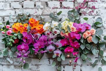 Naklejka premium Fresh Flowers. Colorful Bouquet of Orchids, Roses, and Freesia Against Brick Wall