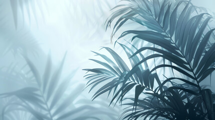 Tranquil Misty Jungle with Silhouetted Palm Leaves in Soft Blue Tones, Perfect for Nature and Relaxation Themes, Ideal for Backgrounds, Wallpapers, and Calming Visuals