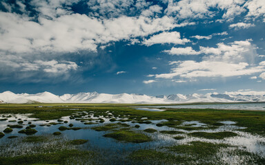 Scenic mountain range reflecting in lake water with distant mountains
