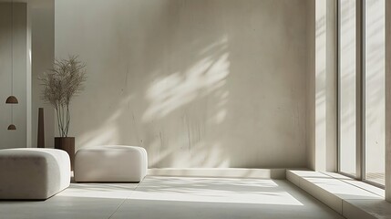 a minimalist living room with a white wall and floor, featuring a brown vase on the left and a white building in the background