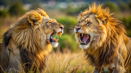 Two fierce lions engaged in a territorial fight in the wild