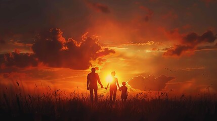 Fototapeta premium A family of three is standing in a field at sunset