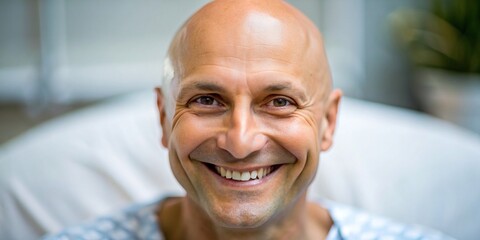 Close-up photo of a bald patient smiling with a positive attitude